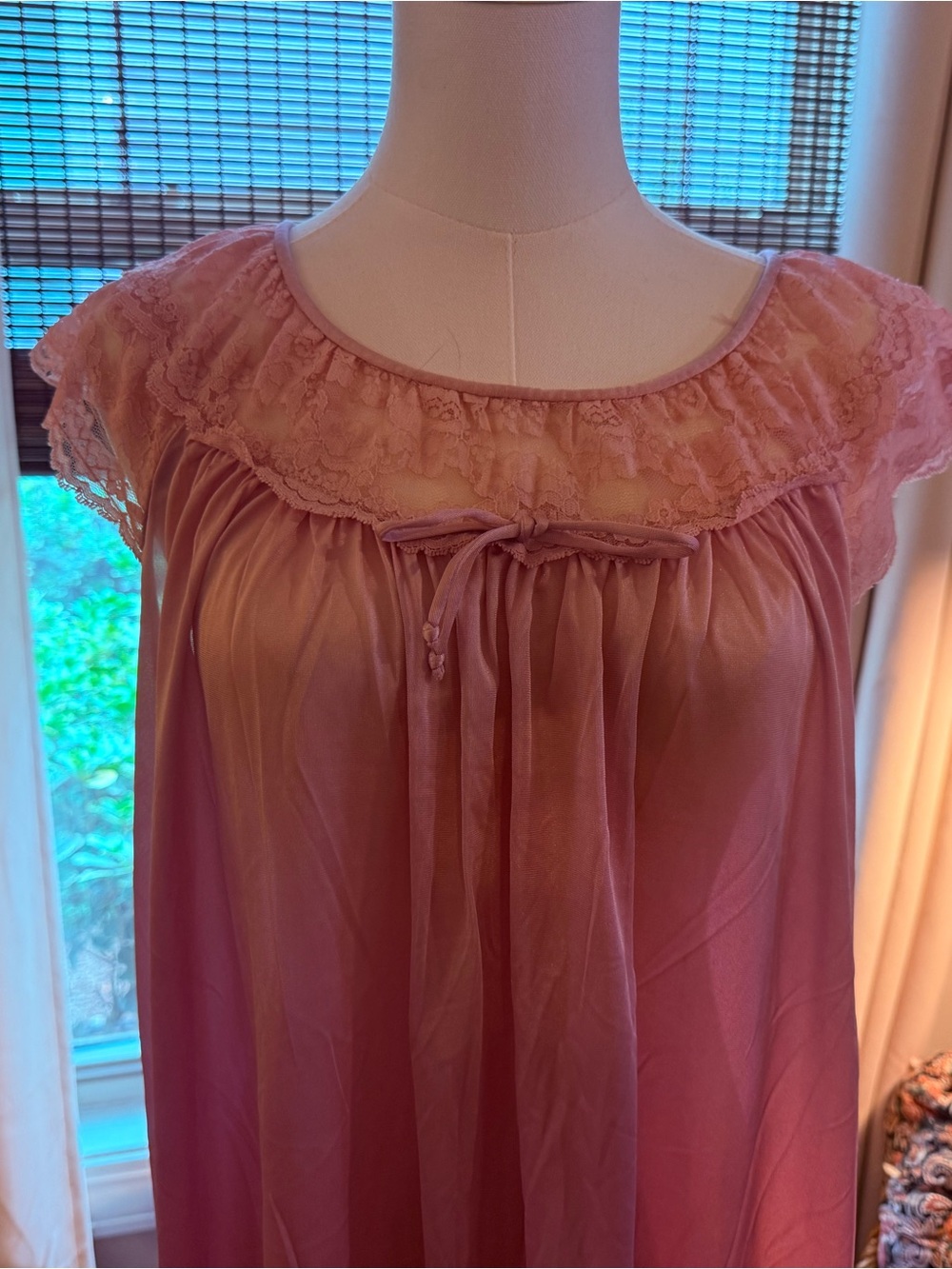 Vintage Pink Lace-Trim Night Chemise with Tie Front
